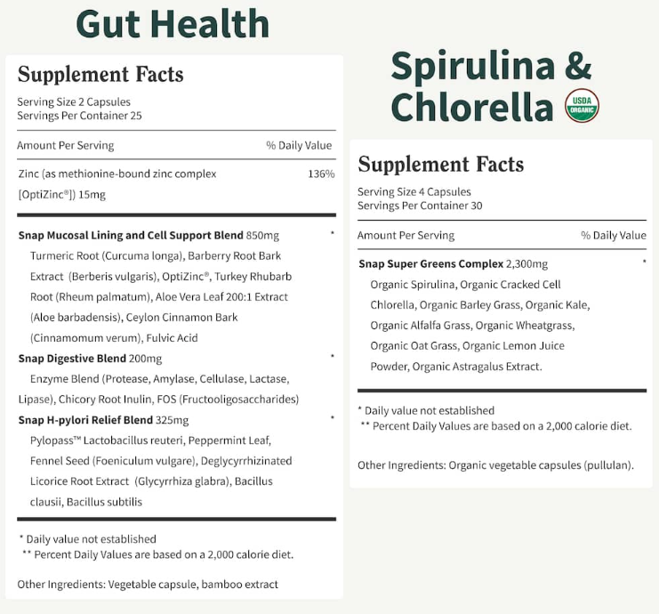 Snap Gut Health and Spirulina & Chlorella Supplement Facts